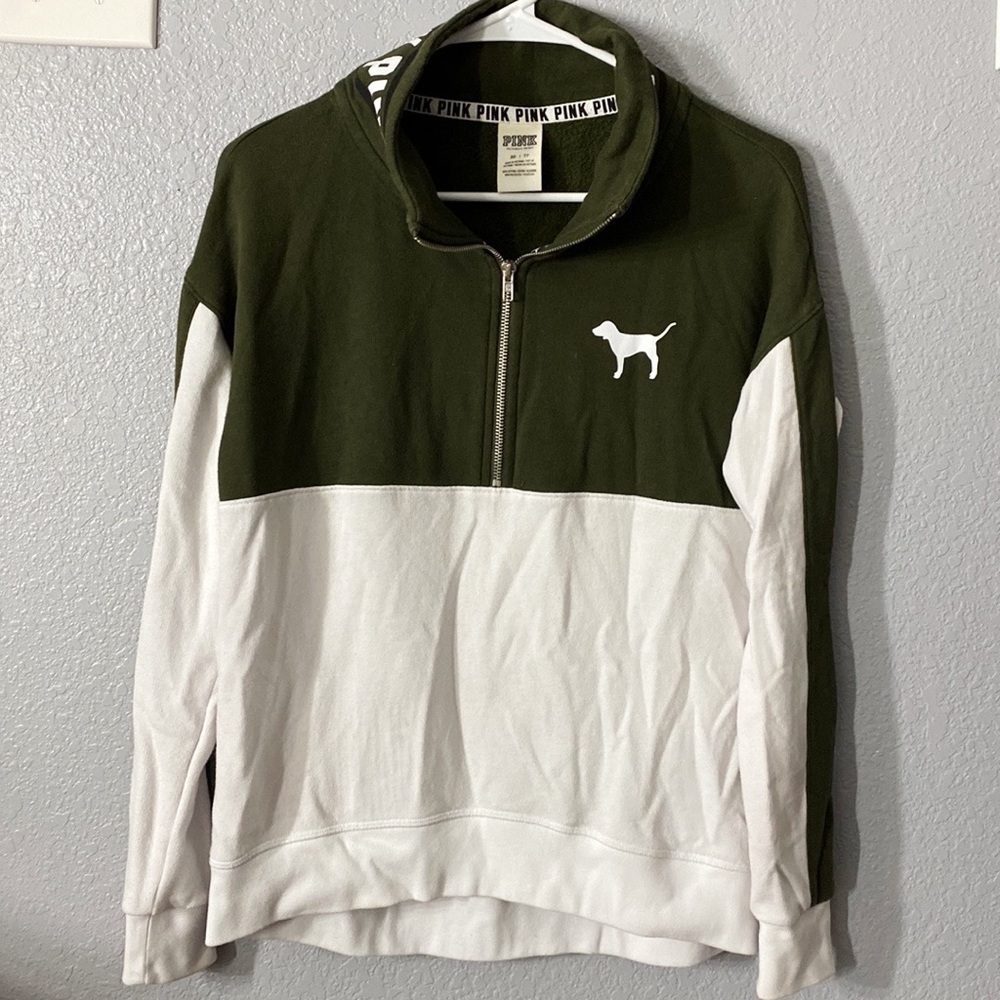 PINK Colorblock Green White Half Zip Up Sweater
